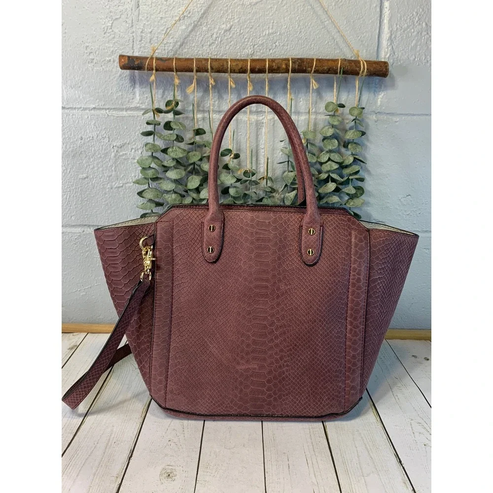 Ivanka Trump Plum Mauve Snakeskin Embossed Faux Leather Satchel Tote Bag - Picture 4 of 10